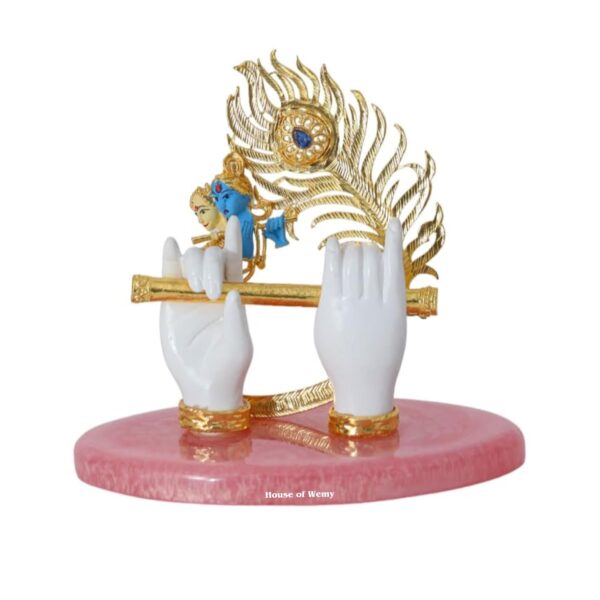 House Of Wemy Gold Plated Lord Krishna Hands Idol with Face, Flute & Peacock Feather for Car Dashboard | Statue for House Warming Gifting | Decorative Items for Home & Office (Pink- 4.5 inch)