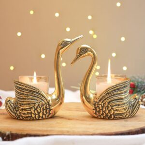 BEHOMA Aluminium Pair of Swans for Good Luck and Love | Candle Holder for Home| Showpiece for Gifting Anniversary Valentine's Day (Candles/Plants Etc Not Included), Gold,13.5L x 7.5W x 14H Centimeters