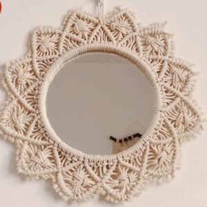 Macrame Wall Mirror, Round Decorative Hanging Mirror with Bohemian Woven Frame, Cream, Sunburst Design