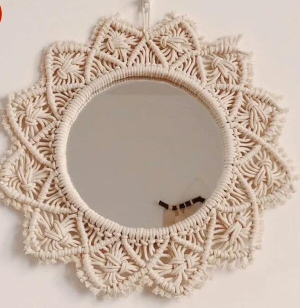 Macrame Wall Mirror, Round Decorative Hanging Mirror with Bohemian Woven Frame, Cream, Sunburst Design